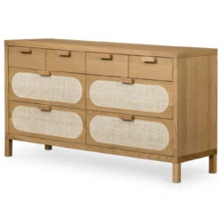 Allegra Woven Cane 8 Drawers Oak Wood Dresser 61"