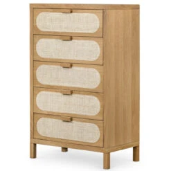 Allegra Woven Cane 5 Drawers Oak Tall Dresser