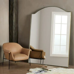 Jacques Antique Brass Iron Frame Arched Floor Mirror 84"