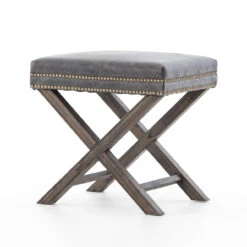 French Modern X-Base Leather Stool Ottoman