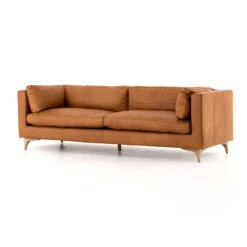 Beckwith Mid Century Modern Camel Leather Cushion Back Sofa 94" -Famous Furniture Shop CCAR 62 039 PRM 1 38483.1510787444