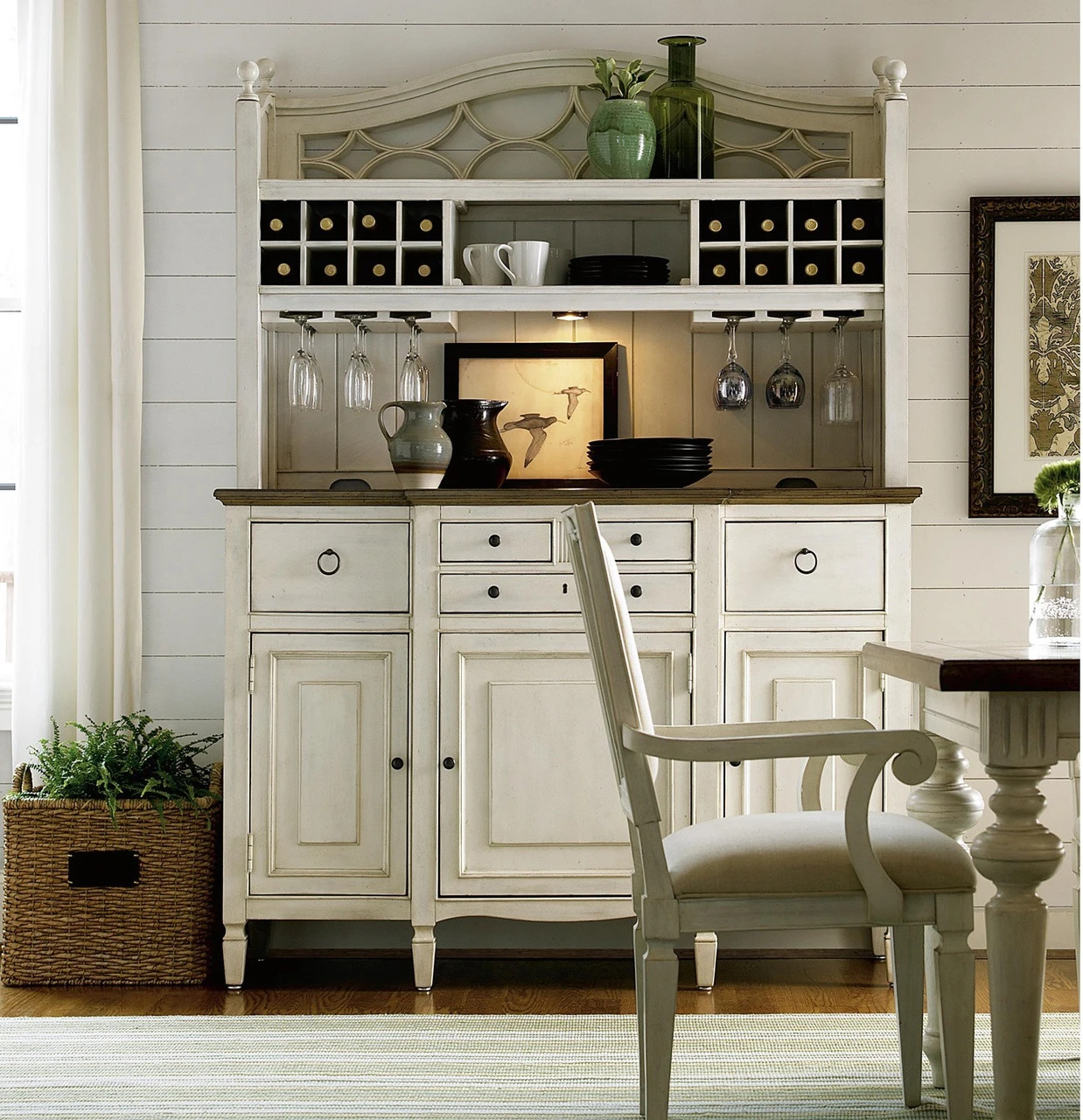 Country-Chic Maple Wood White Kitchen Buffet With Bar Hutch 3 Country-Chic Maple Wood White Kitchen Buffet With Bar Hutch