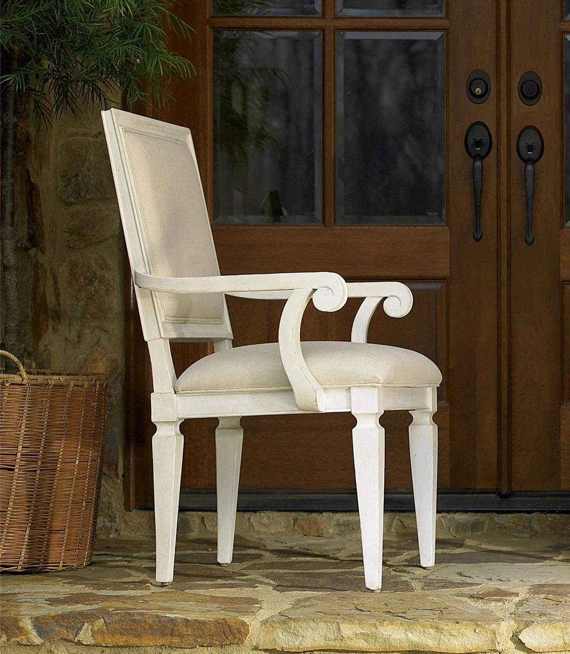 Country-Chic Woven Back Upholstered Dining Arm Chair 3 Country-Chic Woven Back Upholstered Dining Arm Chair