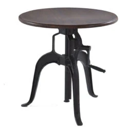 Steampunk Industrial Wood Top Round Crank Side Table 24"