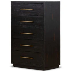 Modern Burnished Black Wood 5 Drawer Tall Boy Chest