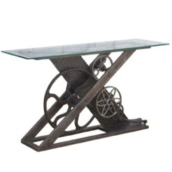 Industrial Barn Iron Gears And Glass Top Console Table 58"